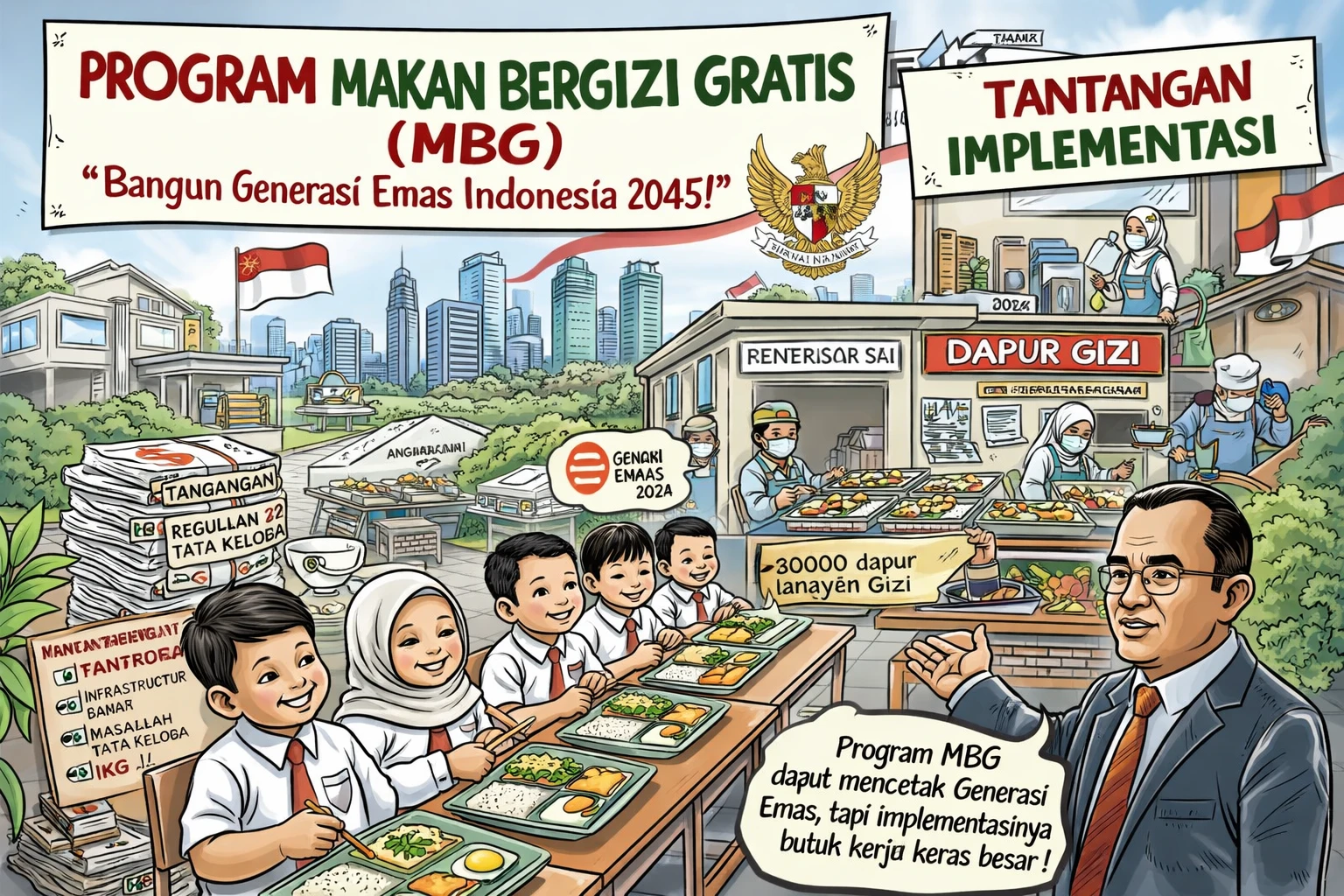 Program Makan Bergizi Gratis (MBG) sebagai kebijakan strategis negara untuk membangun Generasi Emas Indonesia 2045, di mana jutaan siswa menerima makanan bergizi melalui jaringan dapur layanan gizi nasional, namun di balik harapan besar tersebut masih terdapat berbagai tantangan implementasi seperti infrastruktur dapur, tata kelola program, serta pengawasan kualitas pangan yang harus diselesaikan agar kebijakan ini benar-benar memberikan dampak bagi masa depan sumber daya manusia Indonesia. (Ilustrasi dibuat oleh AI).
